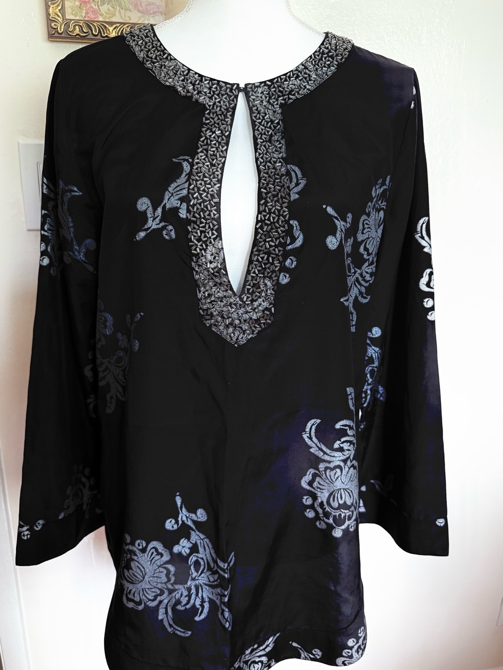 Chico's Black Tunic with Silver Floral Embroidery